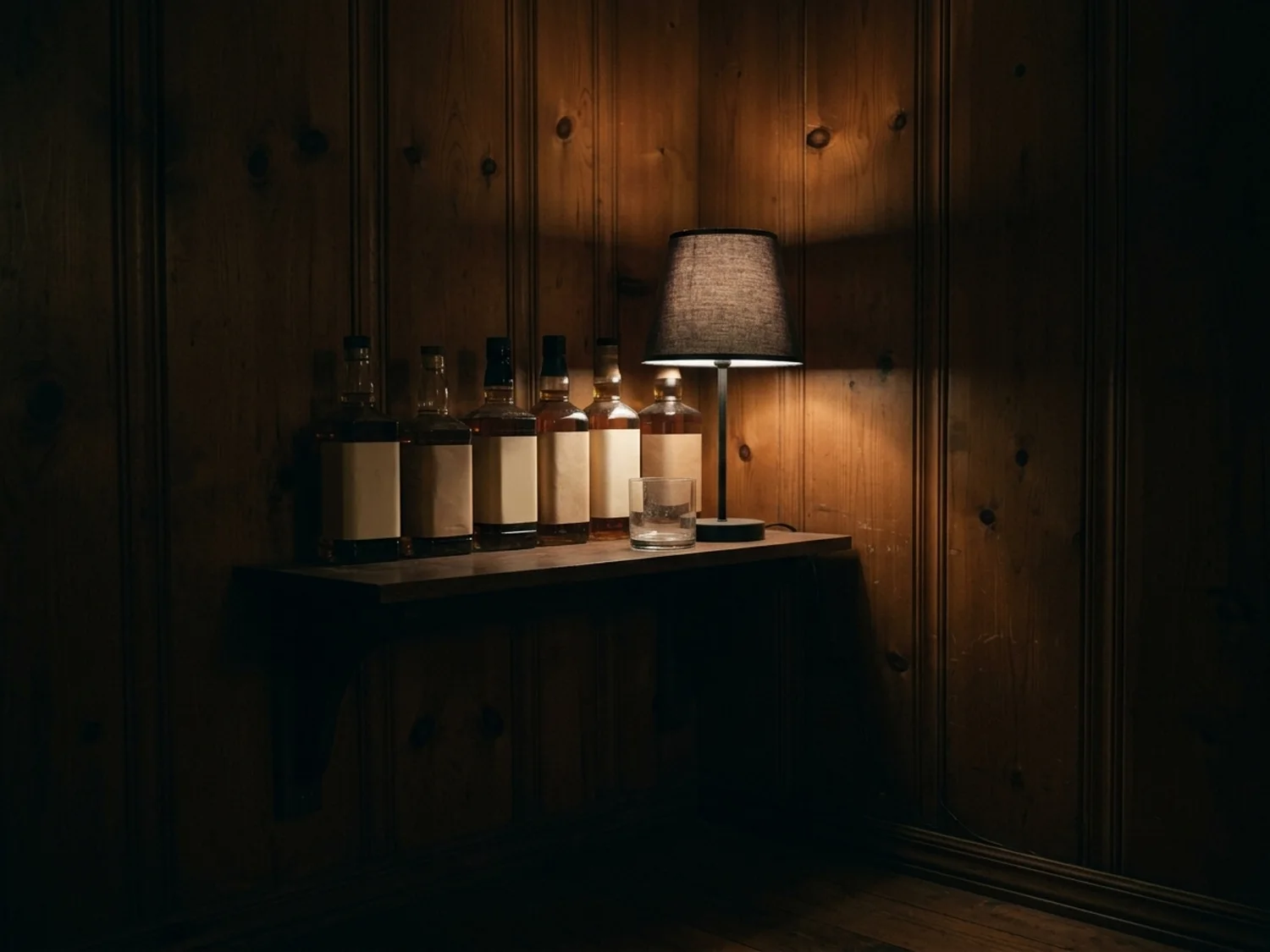 A home bar shelf of ordinary store bottles