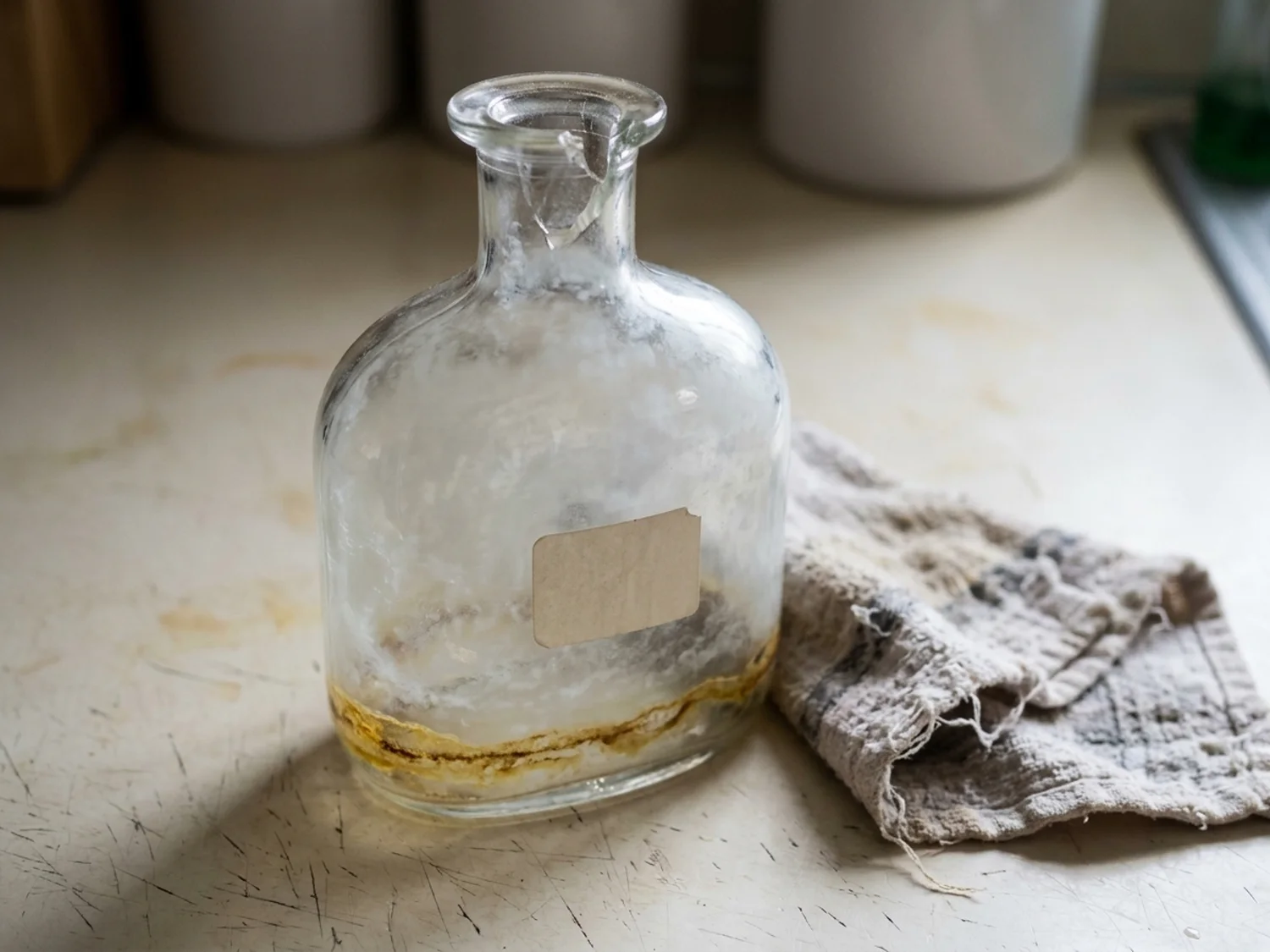 A cheap cloudy decanter with a chipped stopper