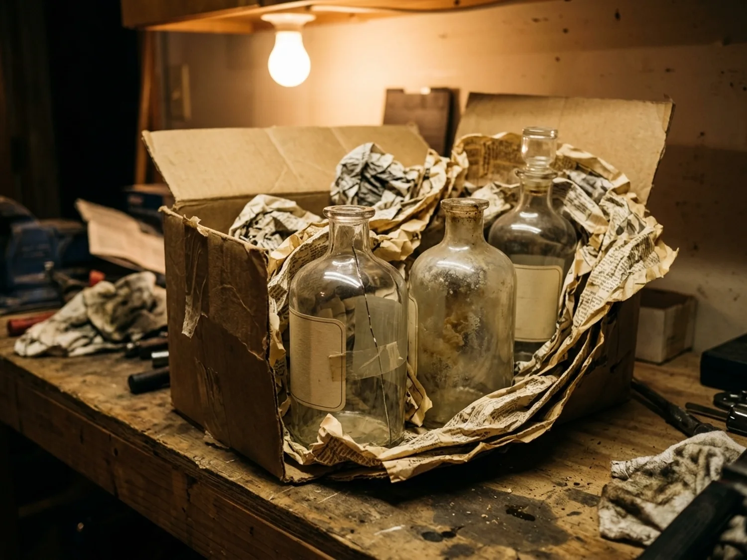 A box of old cracked and cloudy decanters in a garage