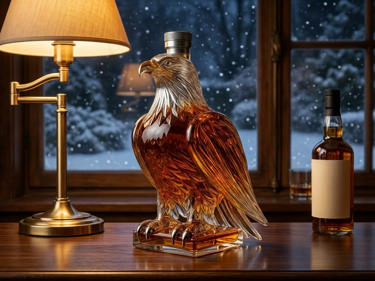 The Brennan Eagle decanter standing on a walnut bar