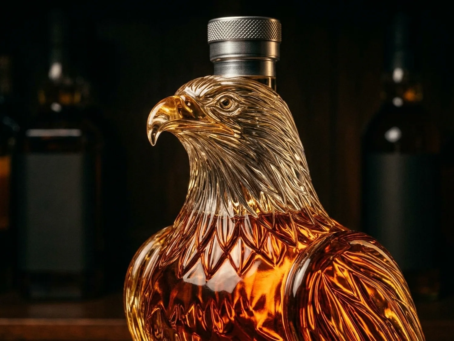 Macro of the glass eagle head and feathers glowing amber