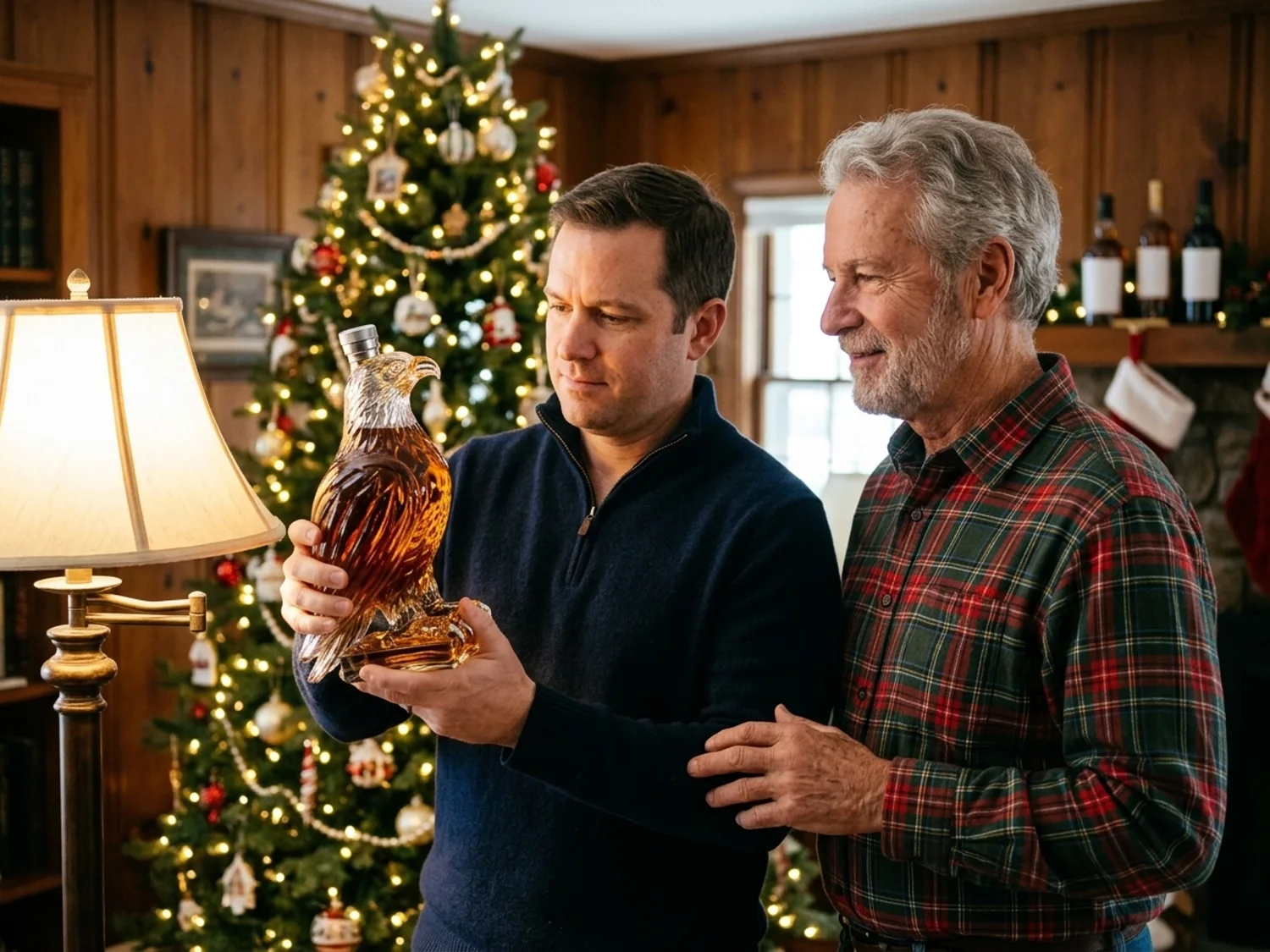 Son admiring the eagle decanter with his proud father