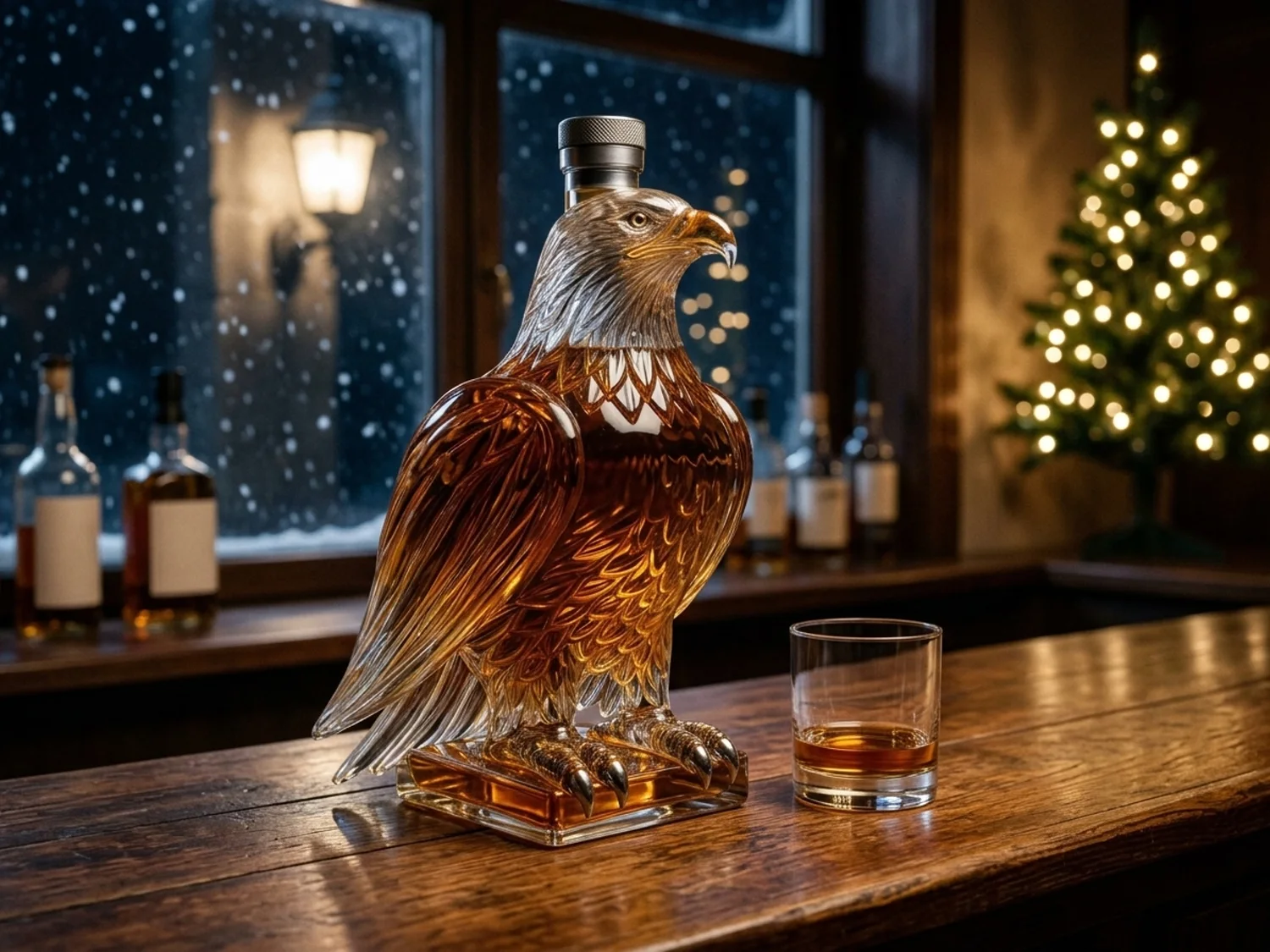 The eagle decanter by a snowy window with Christmas lights