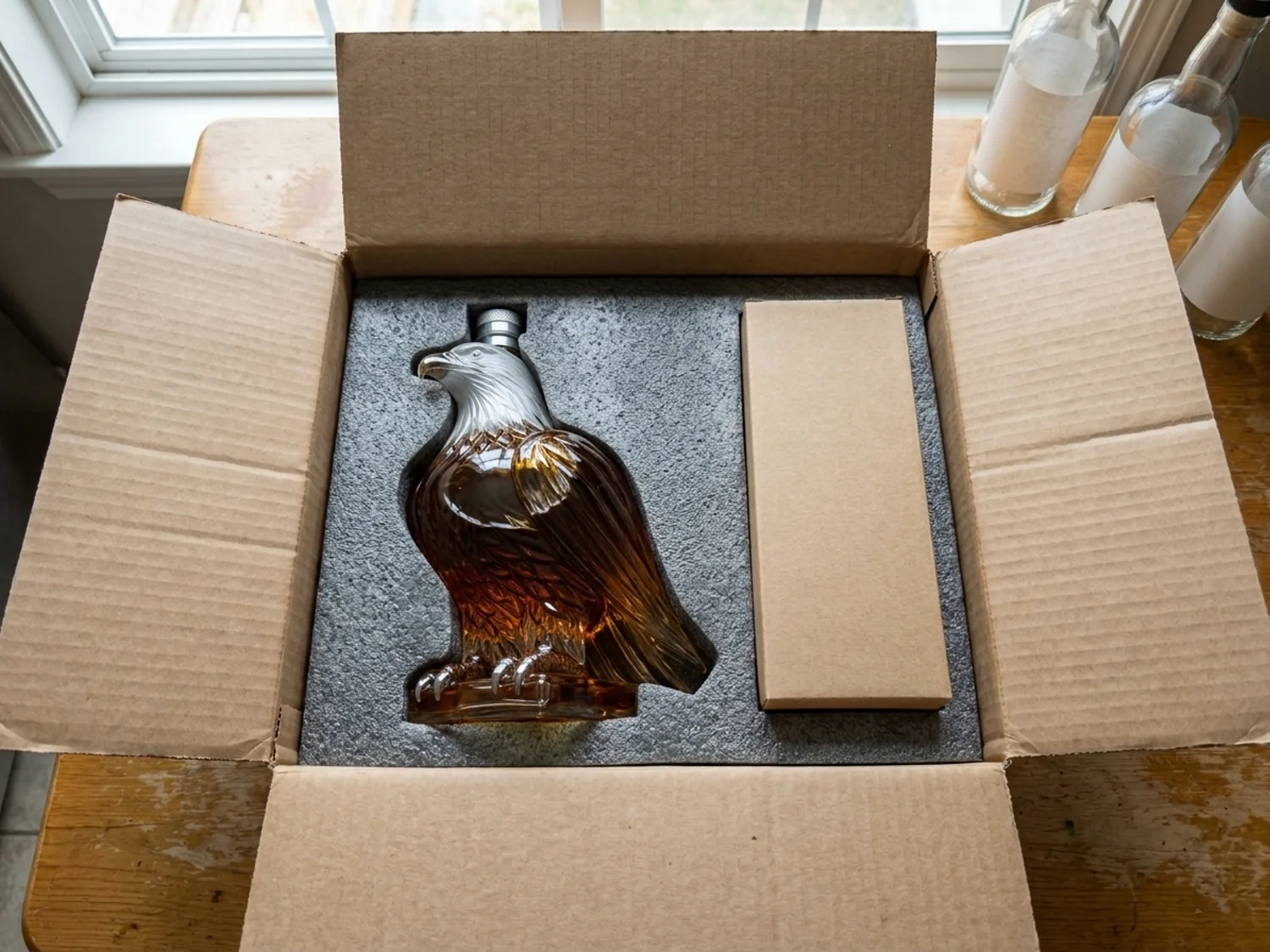 Eagle decanter packed in a foam insert inside a shipping box