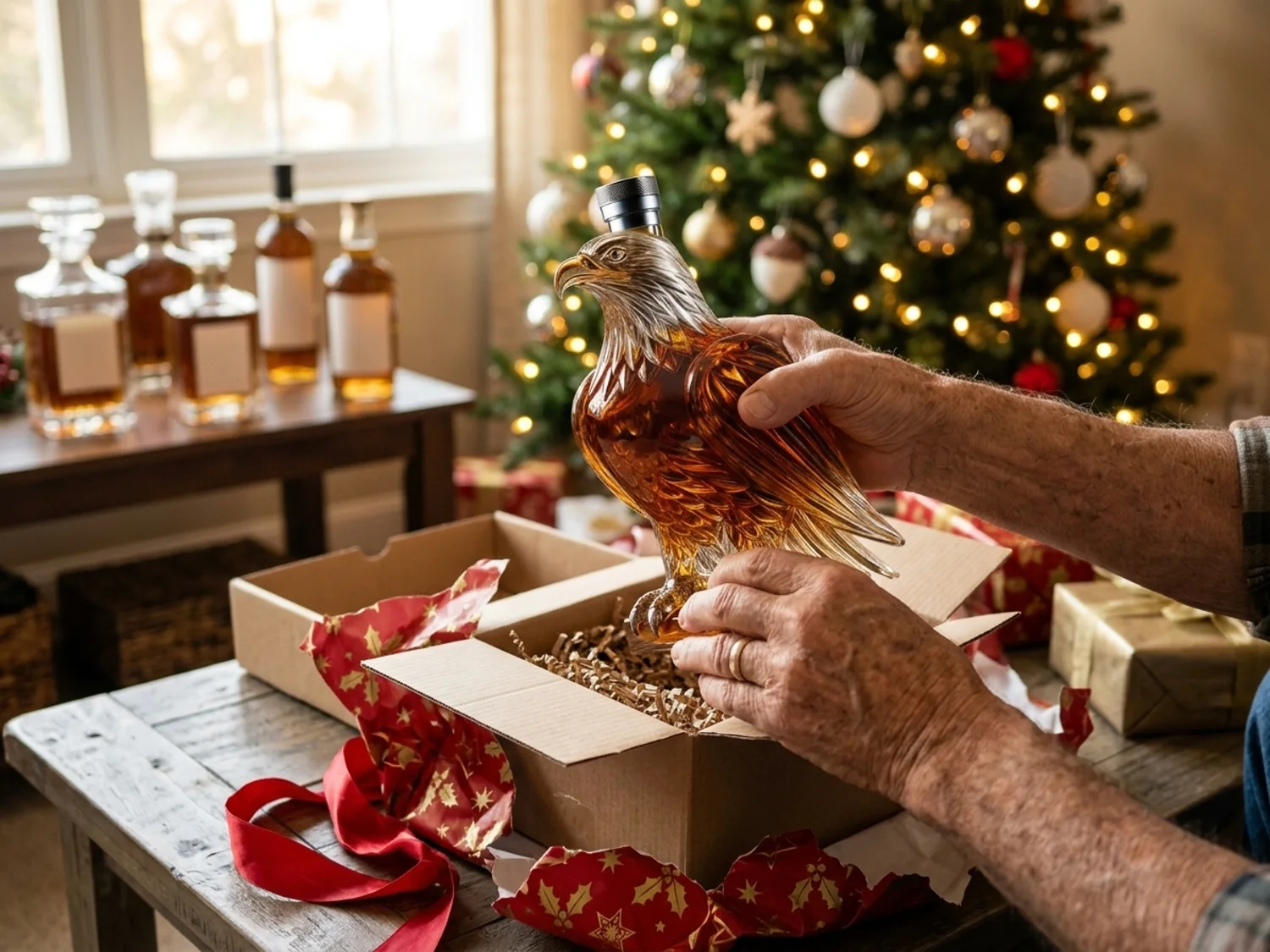 Unwrapping the eagle decanter on Christmas morning