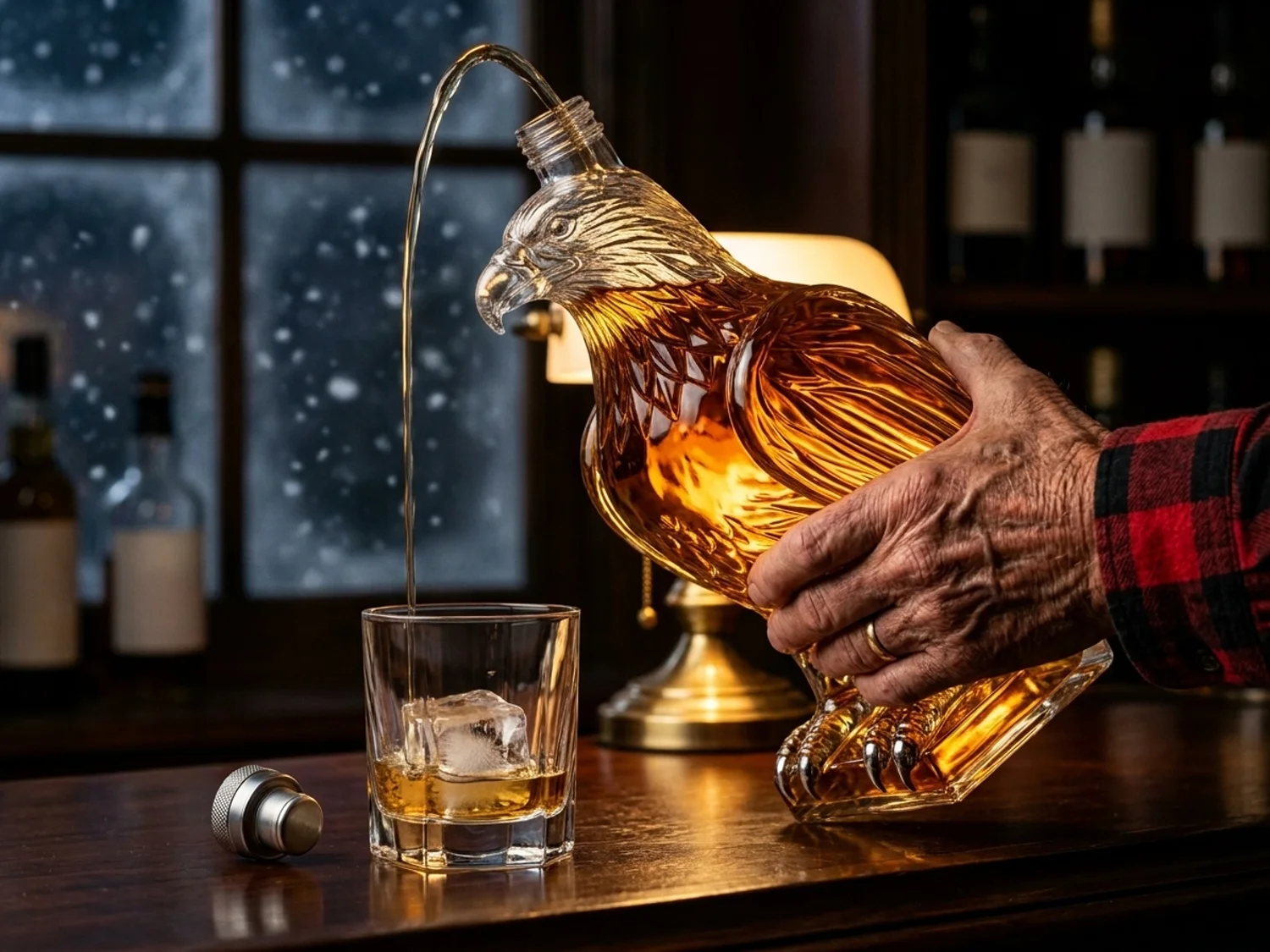 Bourbon poured from a glass eagle decanter under a bar lamp